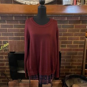 City chic faux layered sweater burgundy layered with navy plaid